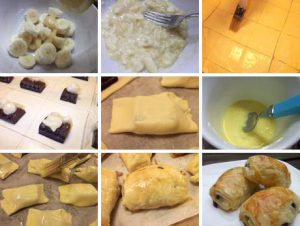 Stap-voor-stap bereiding van snelle bananenbroodjes met chocolade in bladerdeeg